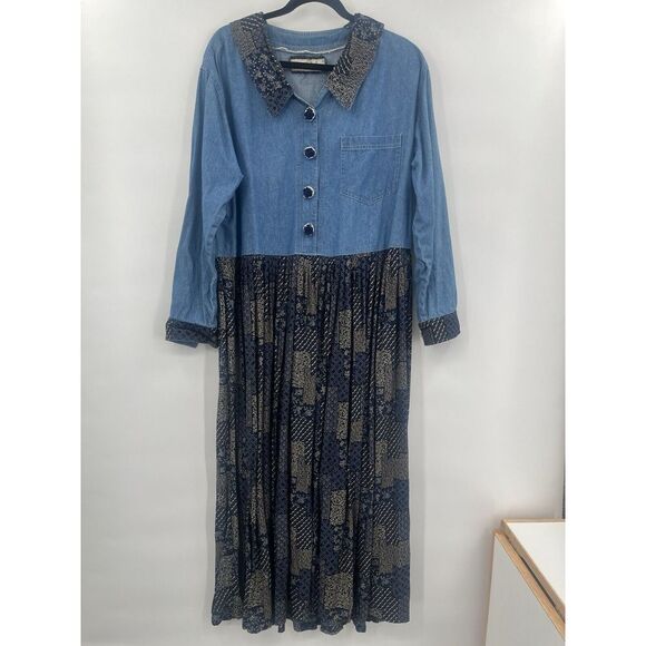 Vintage Dee's Design Dress (No Size 2XL?) Denim Modest Long Dress Rosebud Button - Picture 1 of 7
